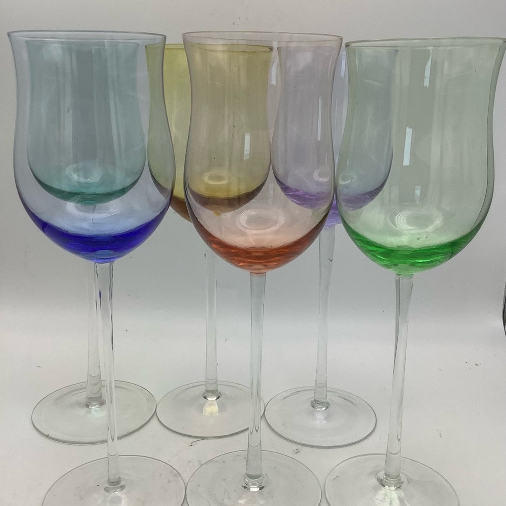 Six Spectrum Hand Blown Crystal Tulip Wine Goblets